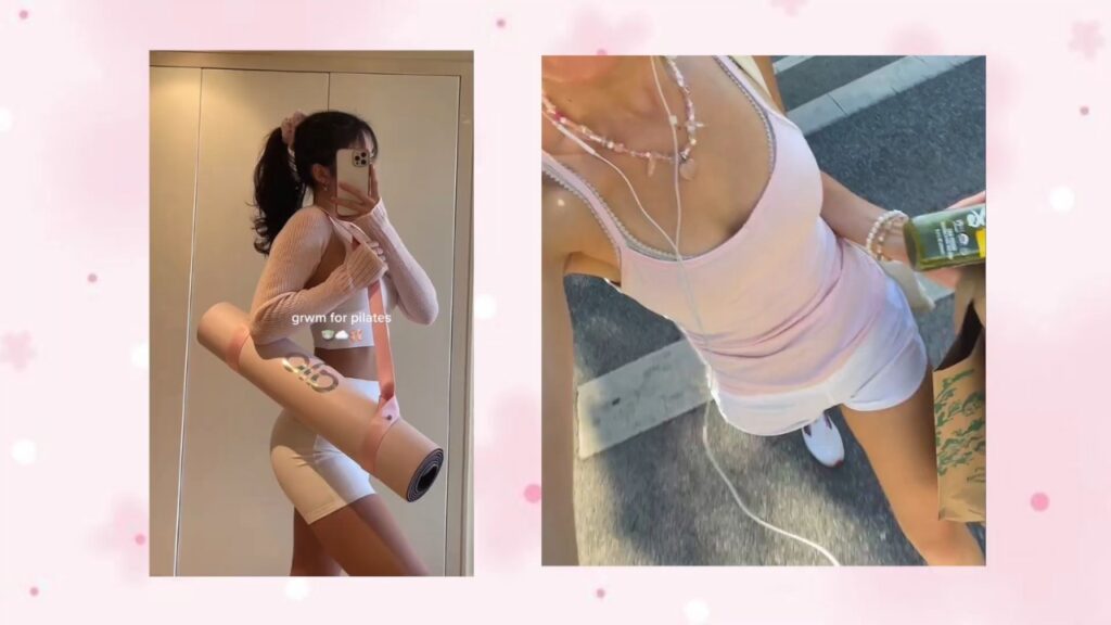 A woman in a pink Pilates outfit poses with a yoga mat and walks outside with a drink.