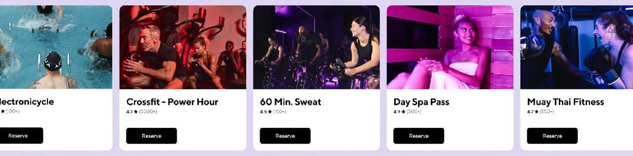 ClassPass booking cards for swimming, CrossFit, indoor cycling, a spa visit, and Muay Thai