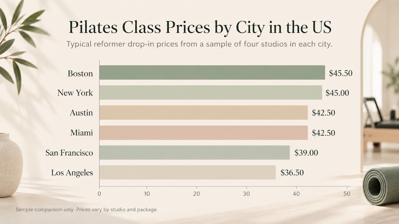 Bar chart of Pilates class prices in six US cities.